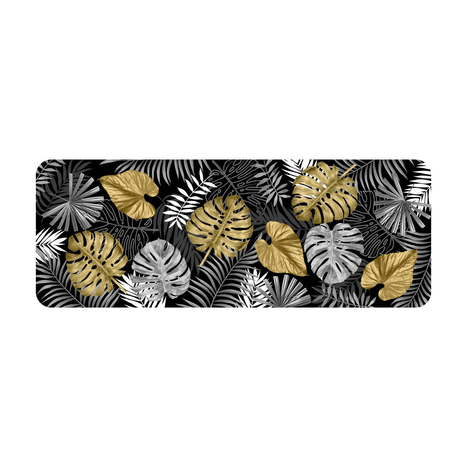 CASA DI ELTURO Keukenloper tapijt Palm Leaves - Goud - Zwart - Wit - 45 x 120 CM aanbieding