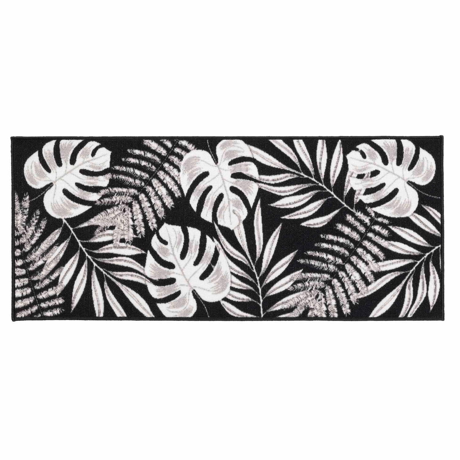 CASA DI ELTURO Keukenloper tapijt Palm Leaves - Wit - Zwart - 50 x 120 CM aanbieding