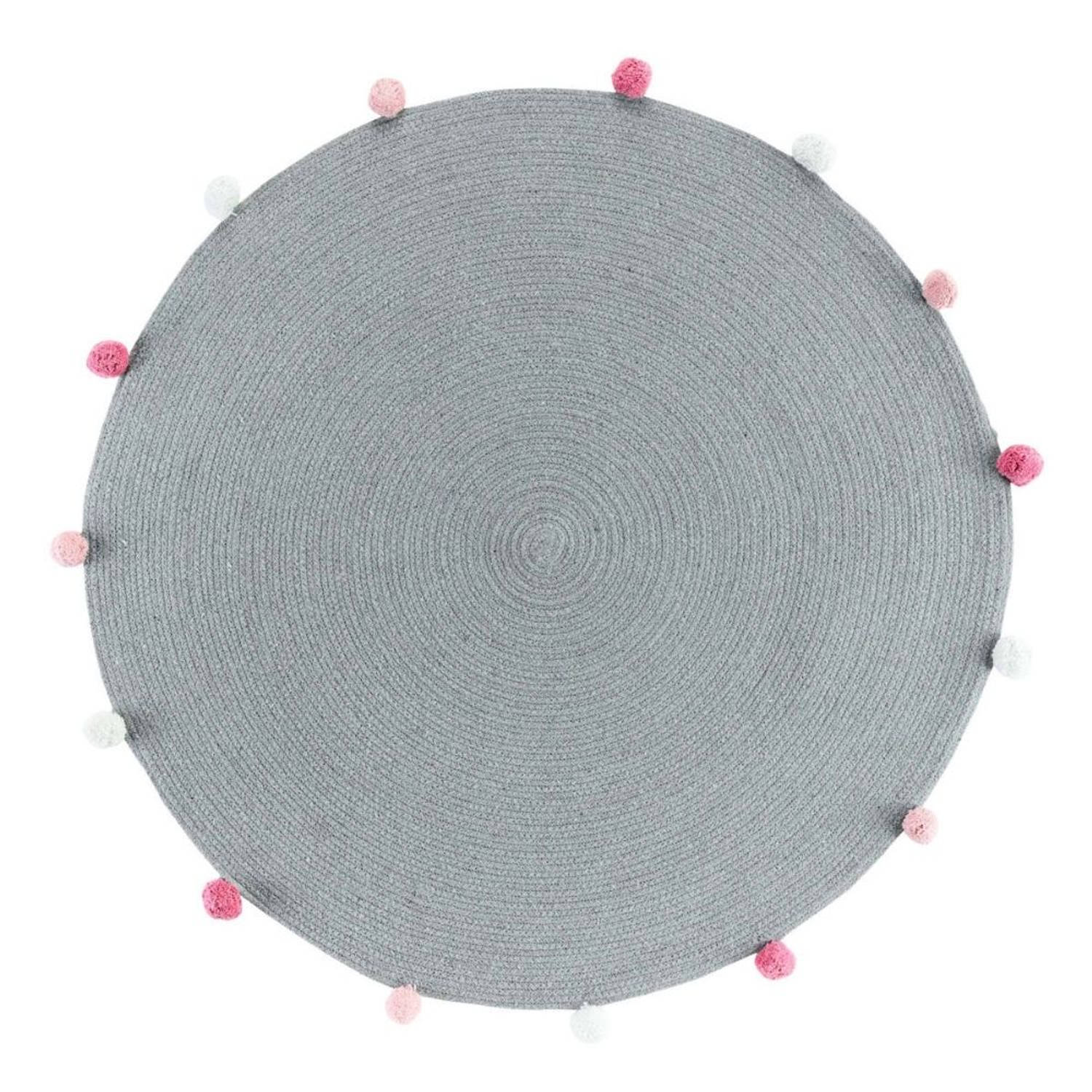 Orange85 Decoratief Rond Kleed - Laagpolig - Carpet - 90x90cm - Grijs - Roze Pompons - Polyester aanbieding