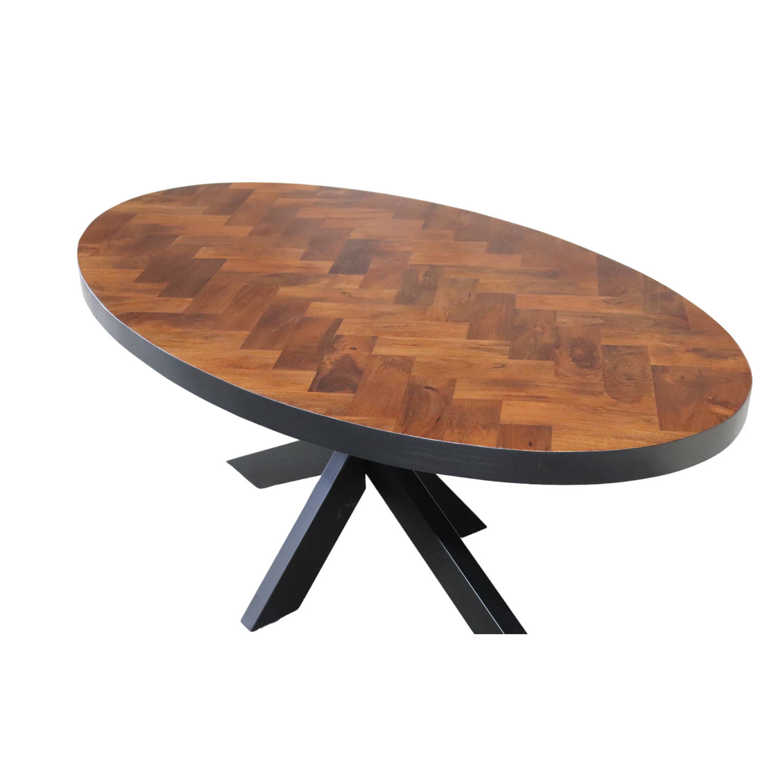 Eettafel ovaal mangohout visgraat 200x100cm Liv bruin ovale industriële tafel duurzaam mango eetkamertafel aanbieding