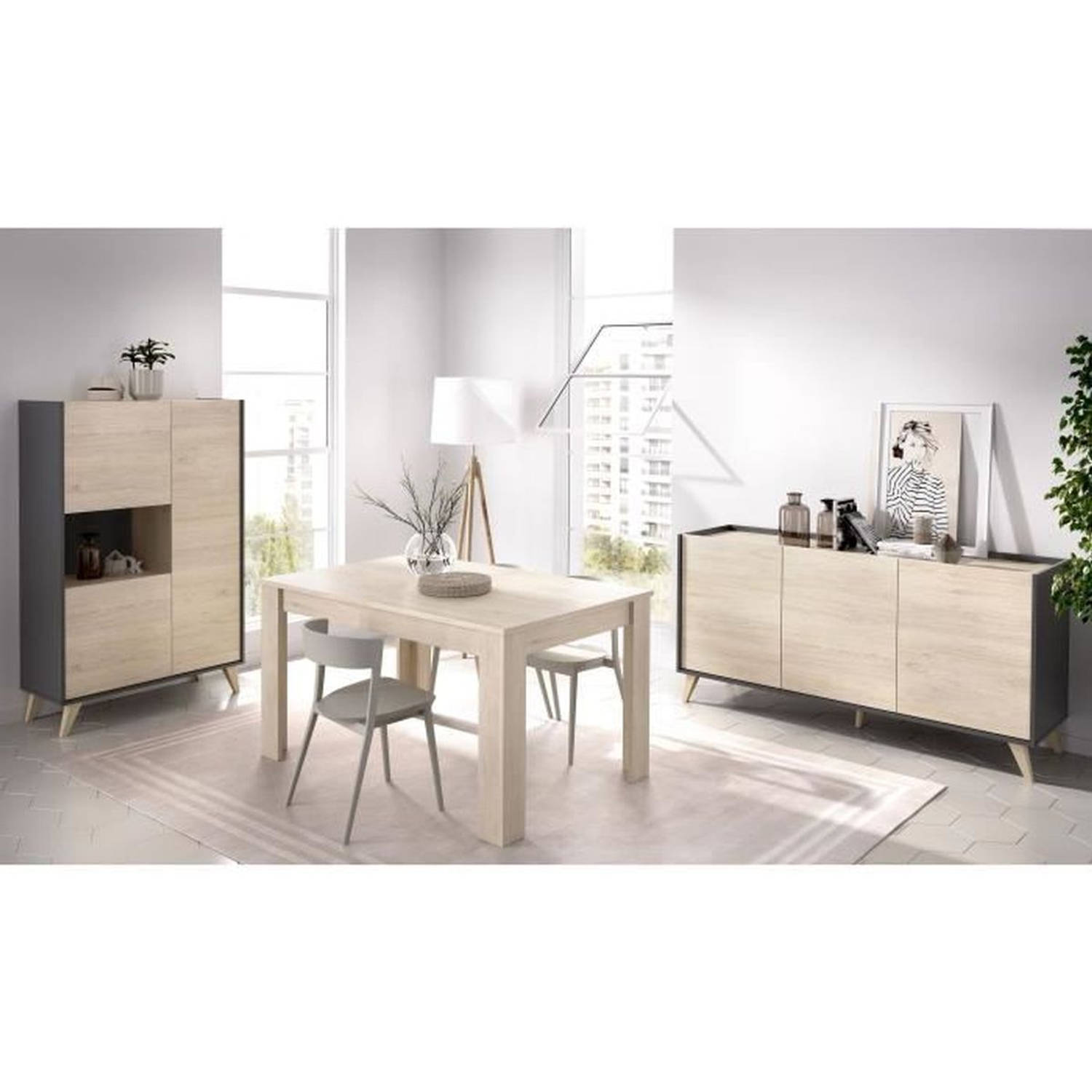 Complete eetkamer met enfilade + vitrine + tafel - Decor grafiet en eiken - NESS aanbieding