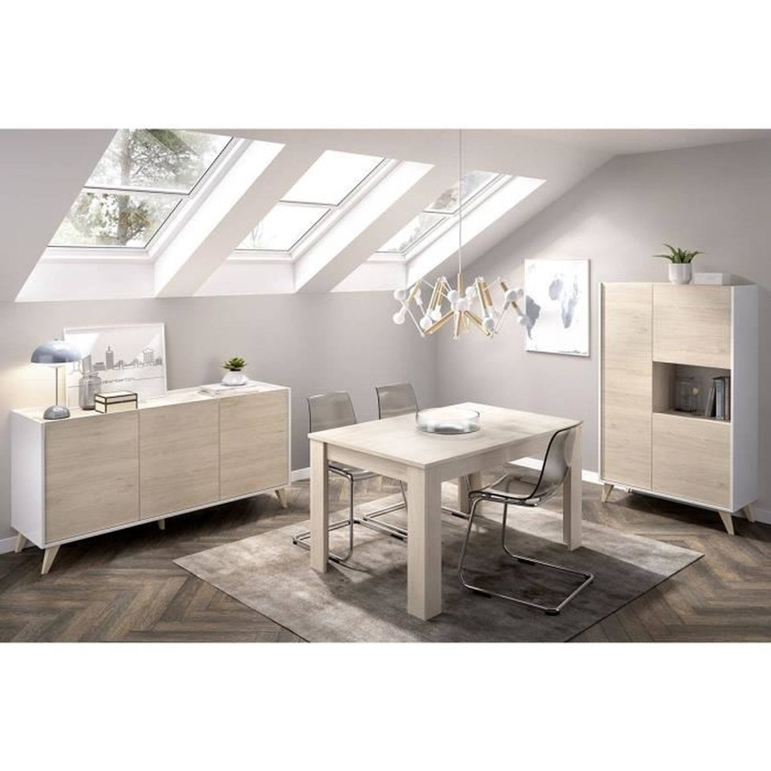 Complete eetkamer - NESS - Dressoir + Vitrine + Tafel - Melaminehout en wit decor aanbieding