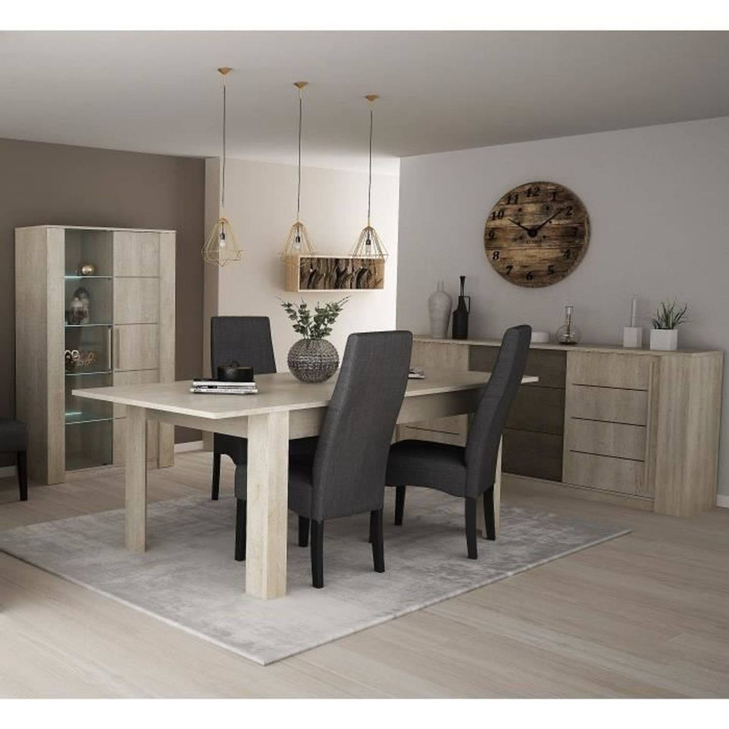 DEMEYERE Woonkamerset Eettafel 170 cm + 2 deurs dressoir + 1 vitrinekast - Eiken/Licht betondecor - ANTIBES aanbieding