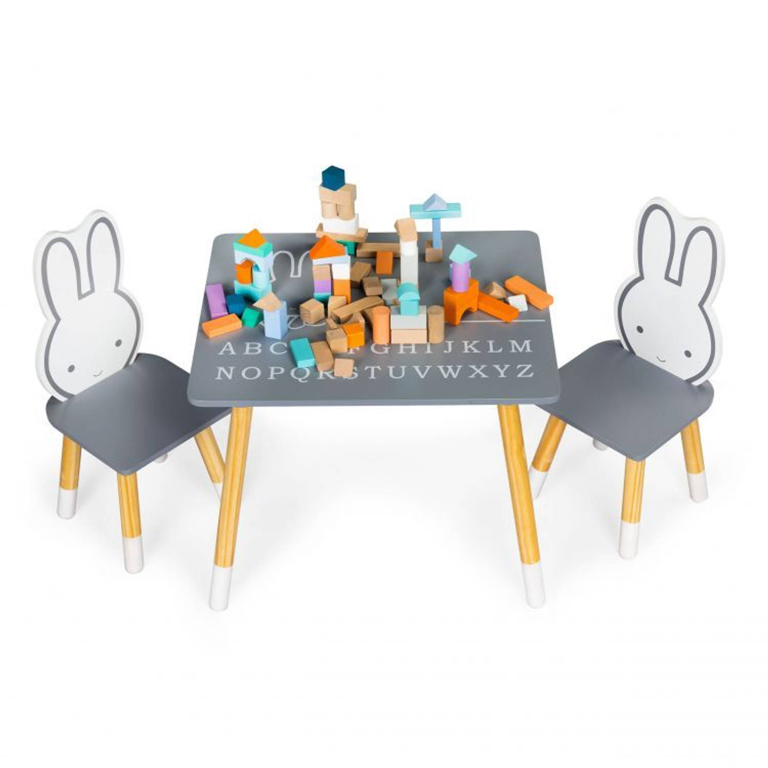 Konijn kindertafel met 2 stoeltjes grijs aanbieding