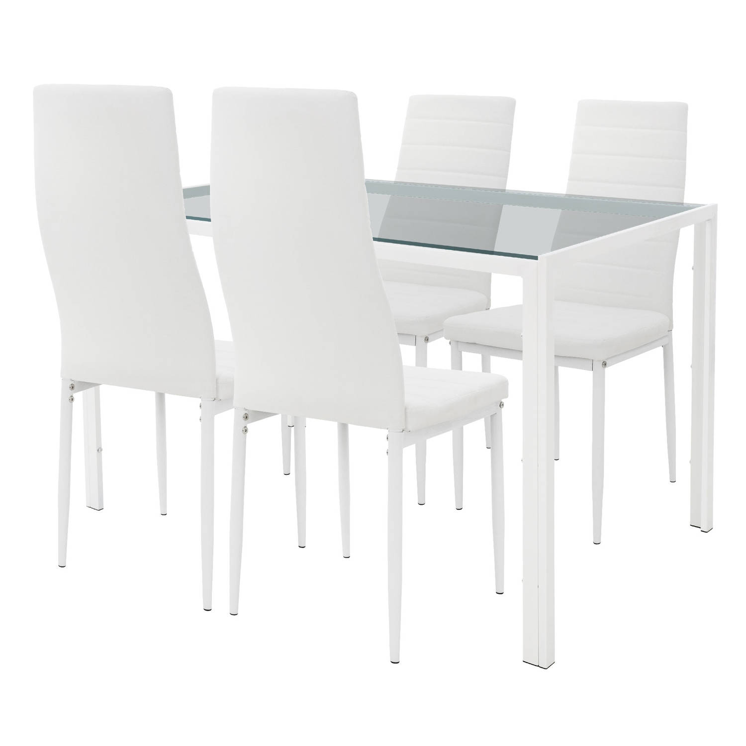 Eetgroep Tafelgroep 4 stoelen en 1 tafel wit in PU leer met metalen poten ML design aanbieding