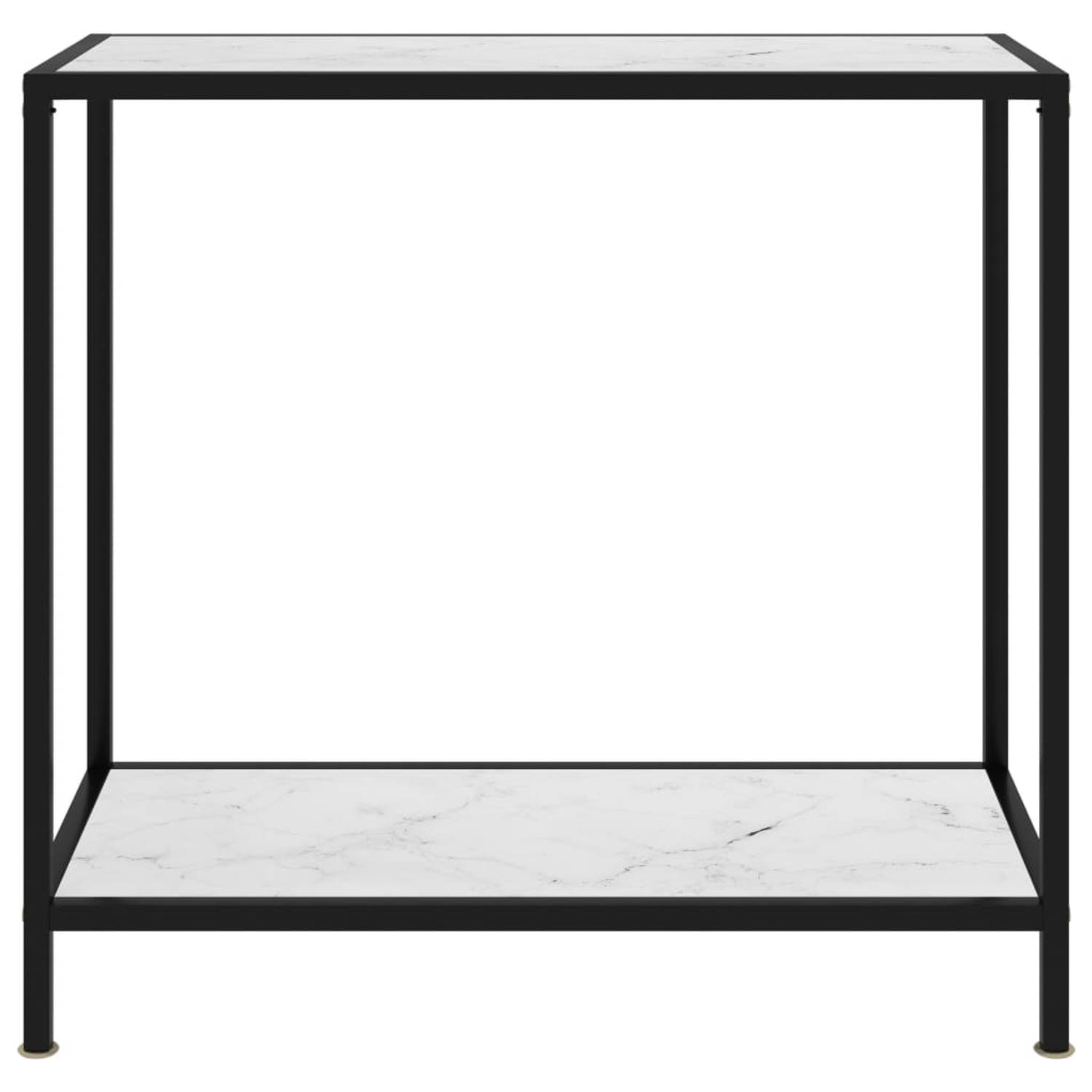 The Living Store Wandtafel Bijzettafel - 80x35x75 cm - Gehard glas - Gepoedercoat staal - Wit/Zwart - Met marmeren aanbieding