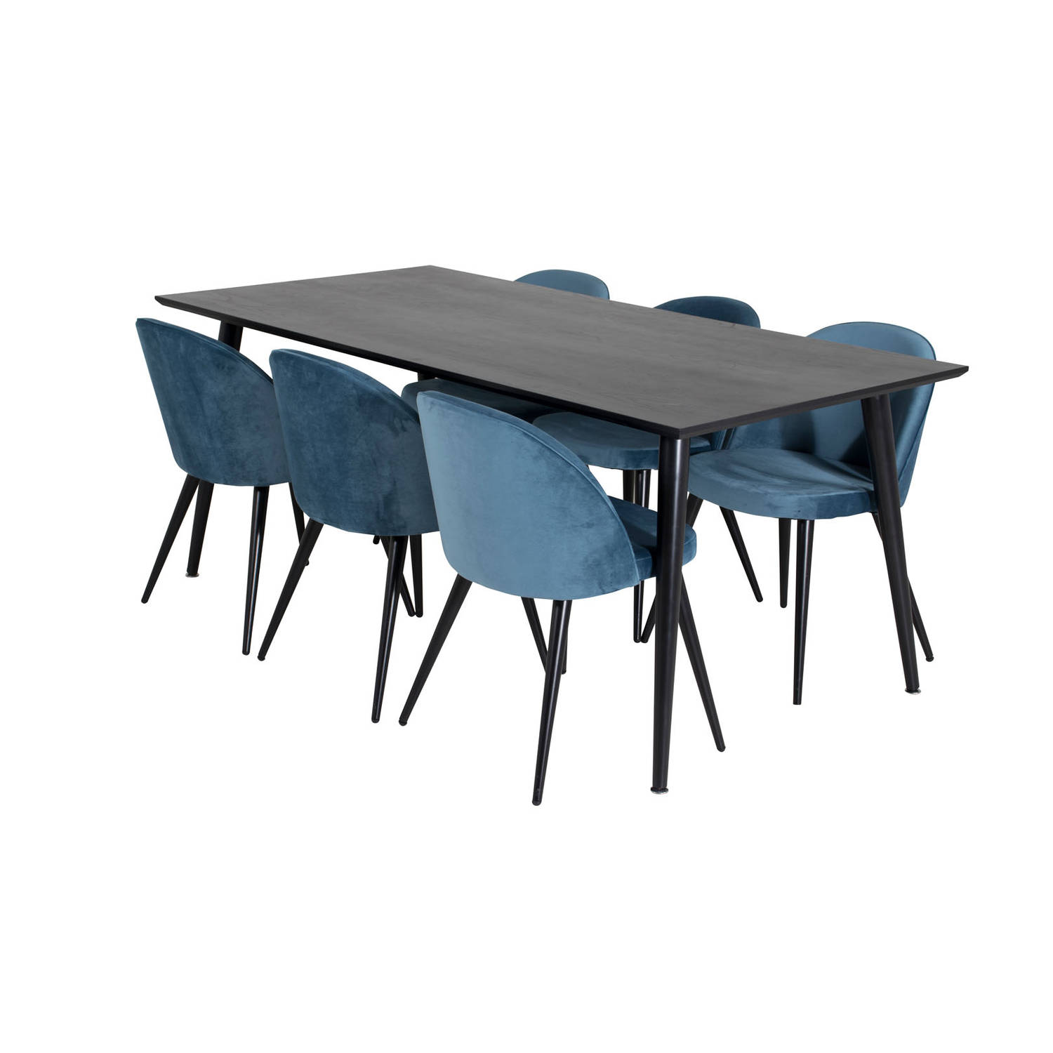 Dipp180x90BLBL eethoek eetkamertafel zwart en 6 Velvet eetkamerstal velours blauw, zwart. aanbieding