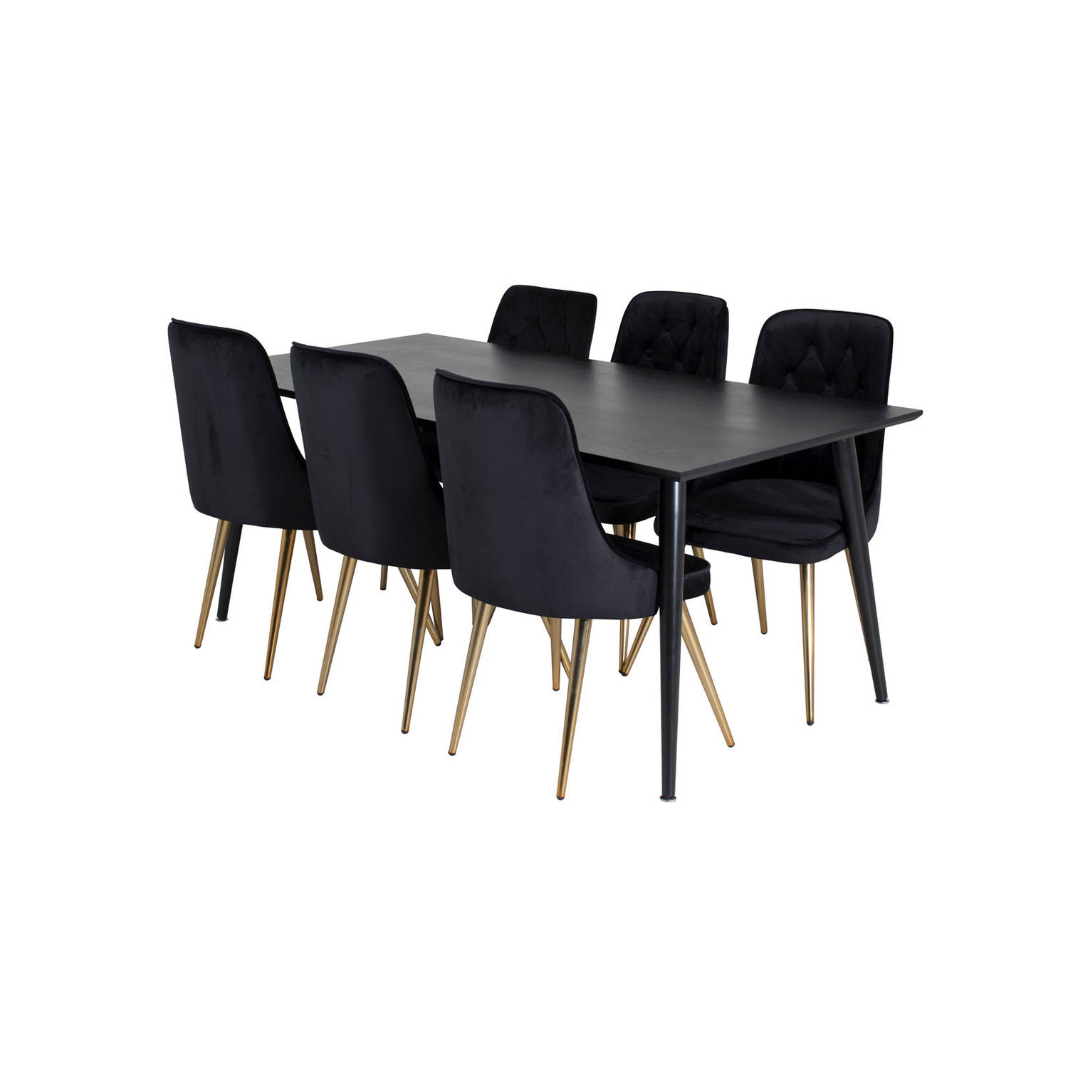 Dipp180x90BLBL eethoek eetkamertafel zwart en 6 Velvet Deluxe eetkamerstal velours zwart, messing decor. aanbieding