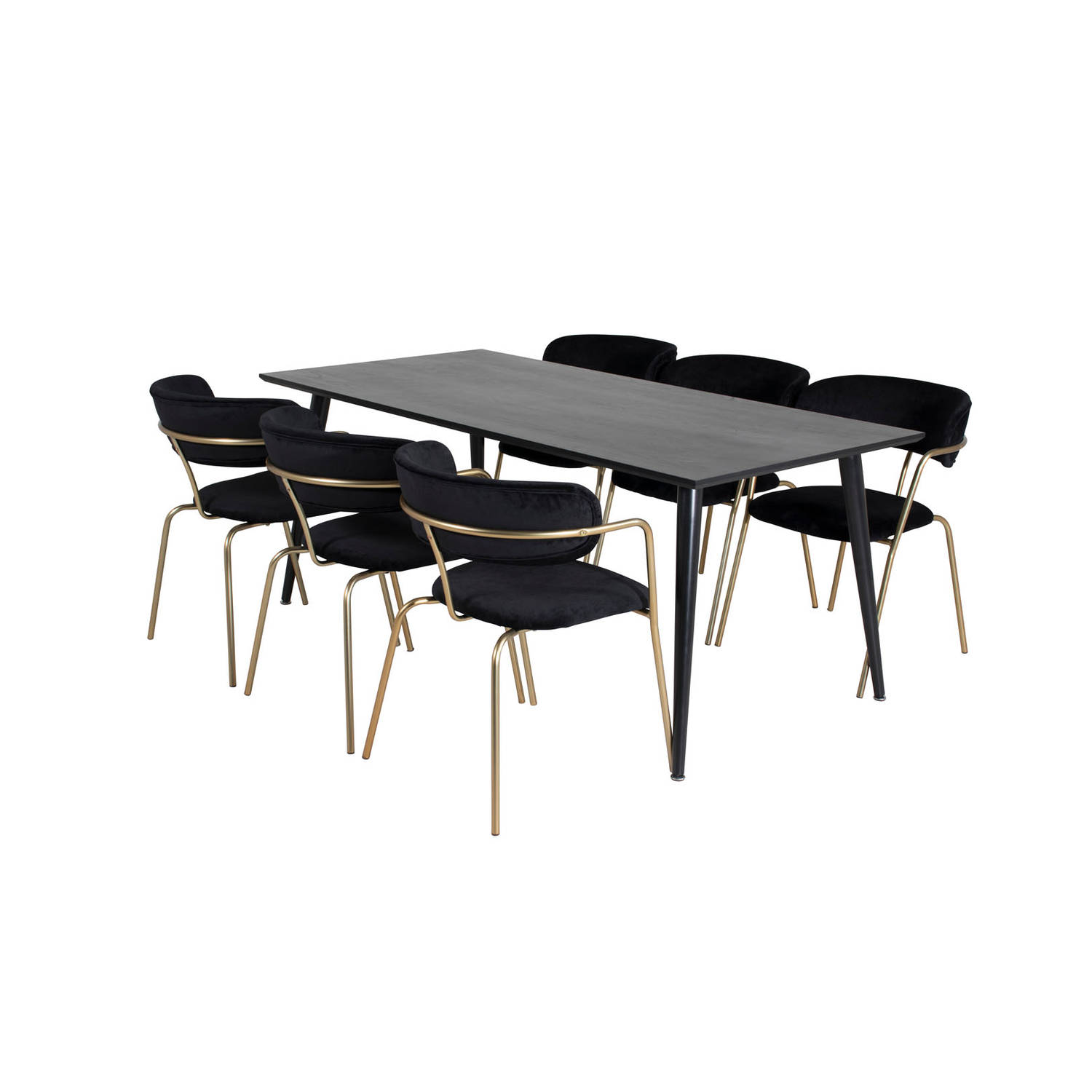 Dipp180x90BLBL eethoek eetkamertafel zwart en 6 Arrow eetkamerstal velours zwart. aanbieding