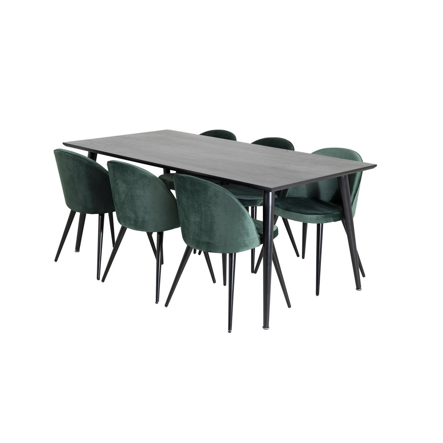 Dipp180x90BLBL eethoek eetkamertafel zwart en 6 Velvet eetkamerstal velours groente, zwart. aanbieding