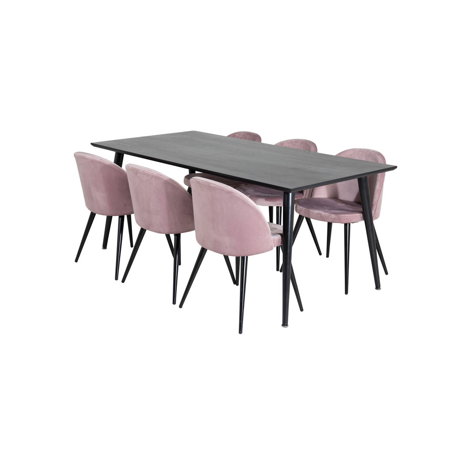 Dipp180x90BLBL eethoek eetkamertafel zwart en 6 Velvet eetkamerstal velours roze, zwart. aanbieding