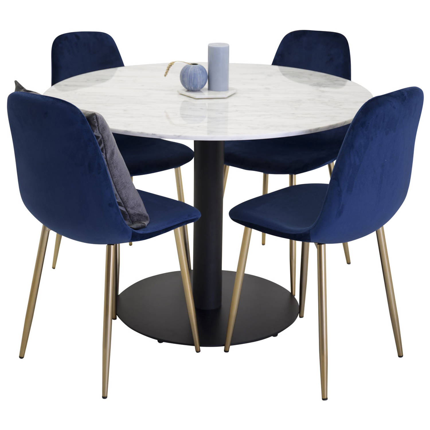 EstelleØ106WHBL eethoek eetkamertafel wit, marmer en 4 Polar eetkamerstal velours blauw, messing decor. aanbieding