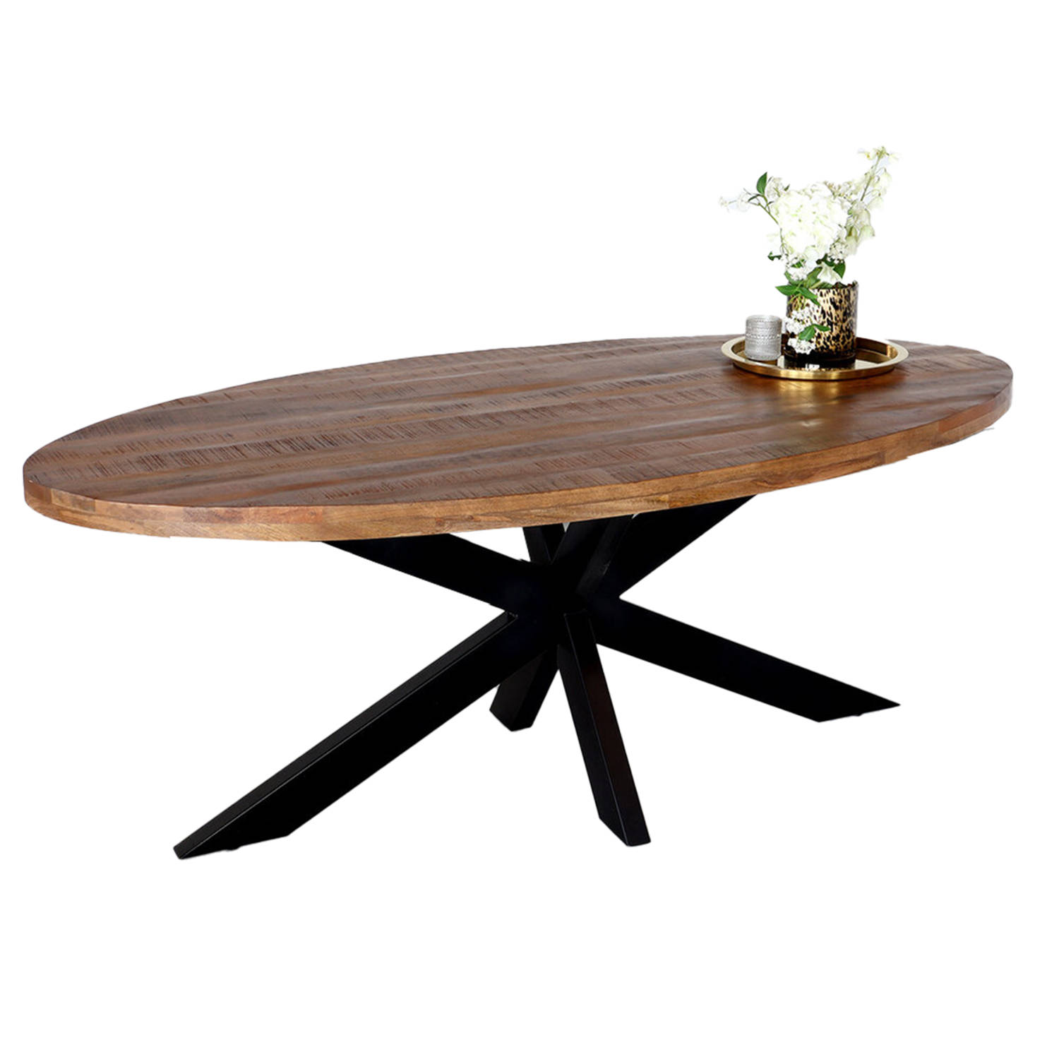 Eettafel ovaal mangohout 240cm James bruin ovale industriële tafel duurzaam mango eetkamertafel aanbieding