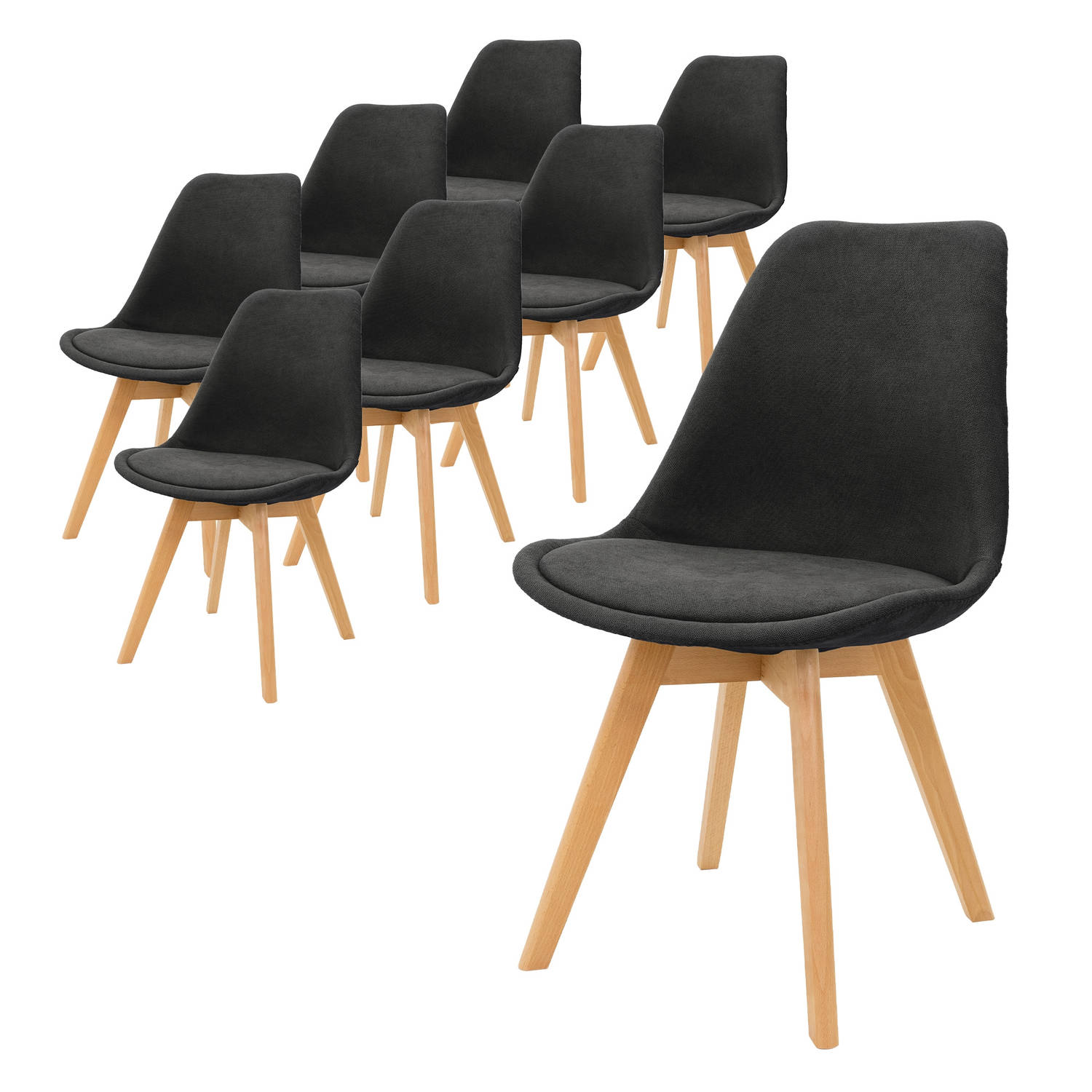 ML-Design set van 8 eetkamerstoelen met rugleuning, zwart, Scandinavische gestoffeerde stoelen met beukenhouten poten aanbieding