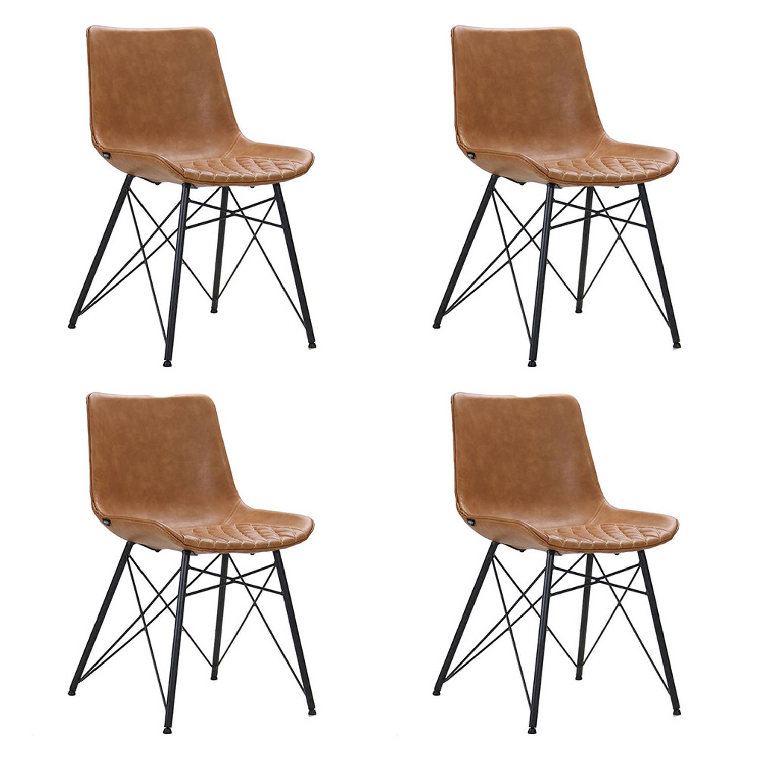 Bronx71 Industriële eetkamerstoel Lauren cognac PU leer - Eetkamerstoelen set van 4. aanbieding