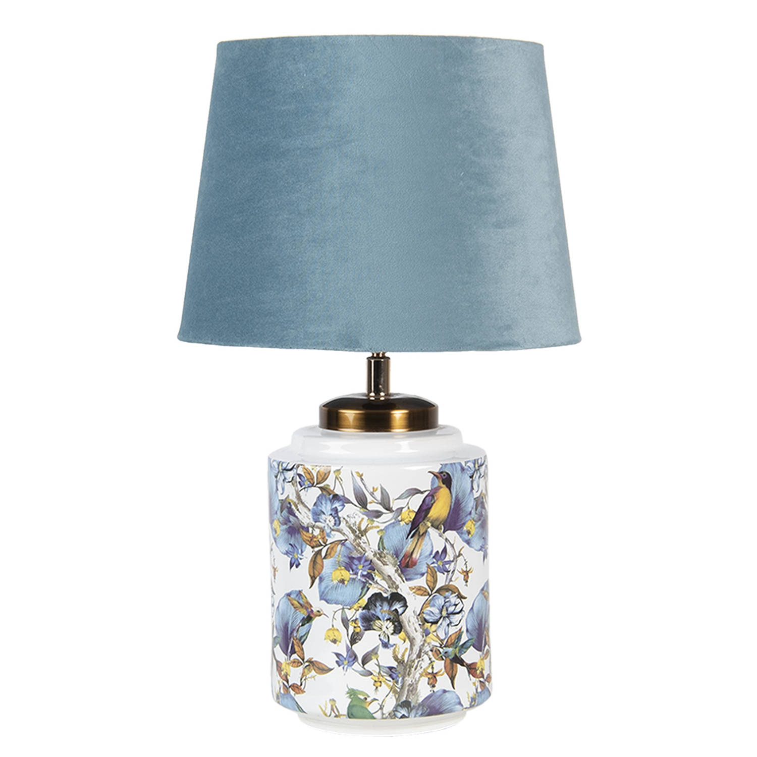 HAES DECO - Tafellamp - Modern Chic - Bloemen en Vogels, Ø 25x41 cm - Blauw/Wit - Bureaulamp, Sfeerlamp, Nachtlampje aanbieding