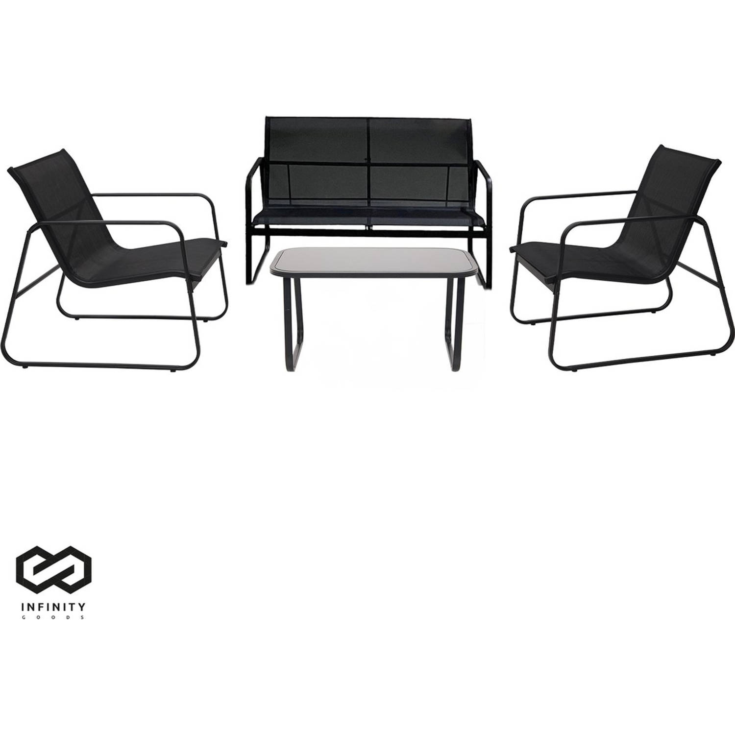 Infinity Goods Tuinset - Loungeset - Tuinmeubelen - Tuinbank - Tuinstoelen - Tuintafel - Glazen blad - 4 Persoons - aanbieding