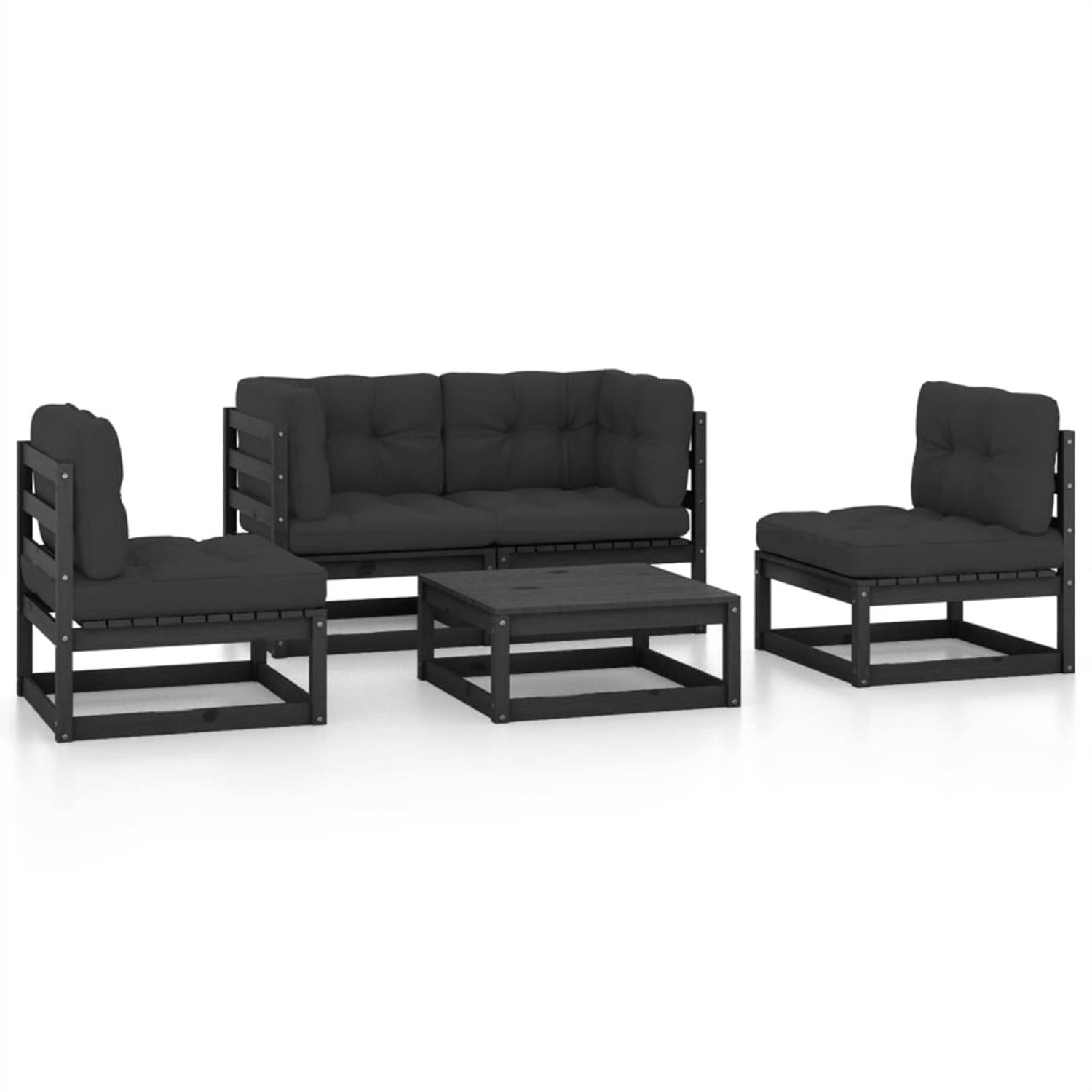 The Living Store Loungeset - - Tuinmeubelen - 70x70x67 cm - Zwart Grenenhout aanbieding