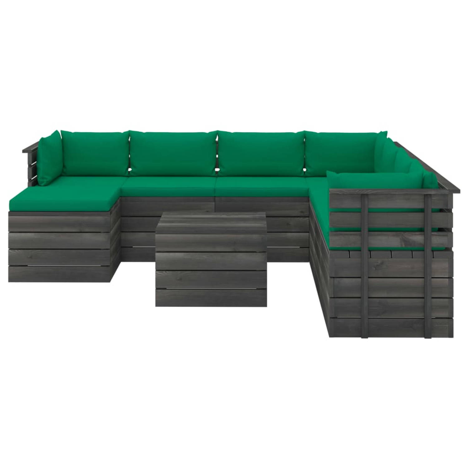 The Living Store Pallet Loungeset - Grenenhout - Tuinmeubelset - 60x65x71.5 cm - Groen kussen aanbieding