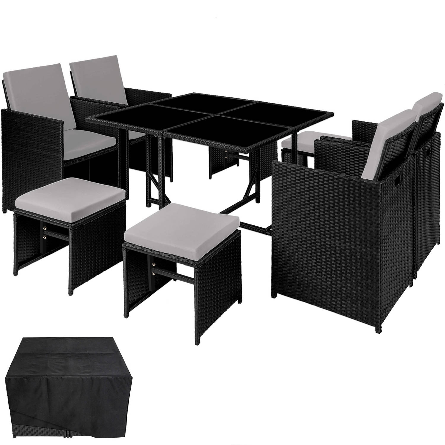 tectake - Wicker zitgroep Bilbao met beschermhoes zwart / grijs - 404318 aanbieding