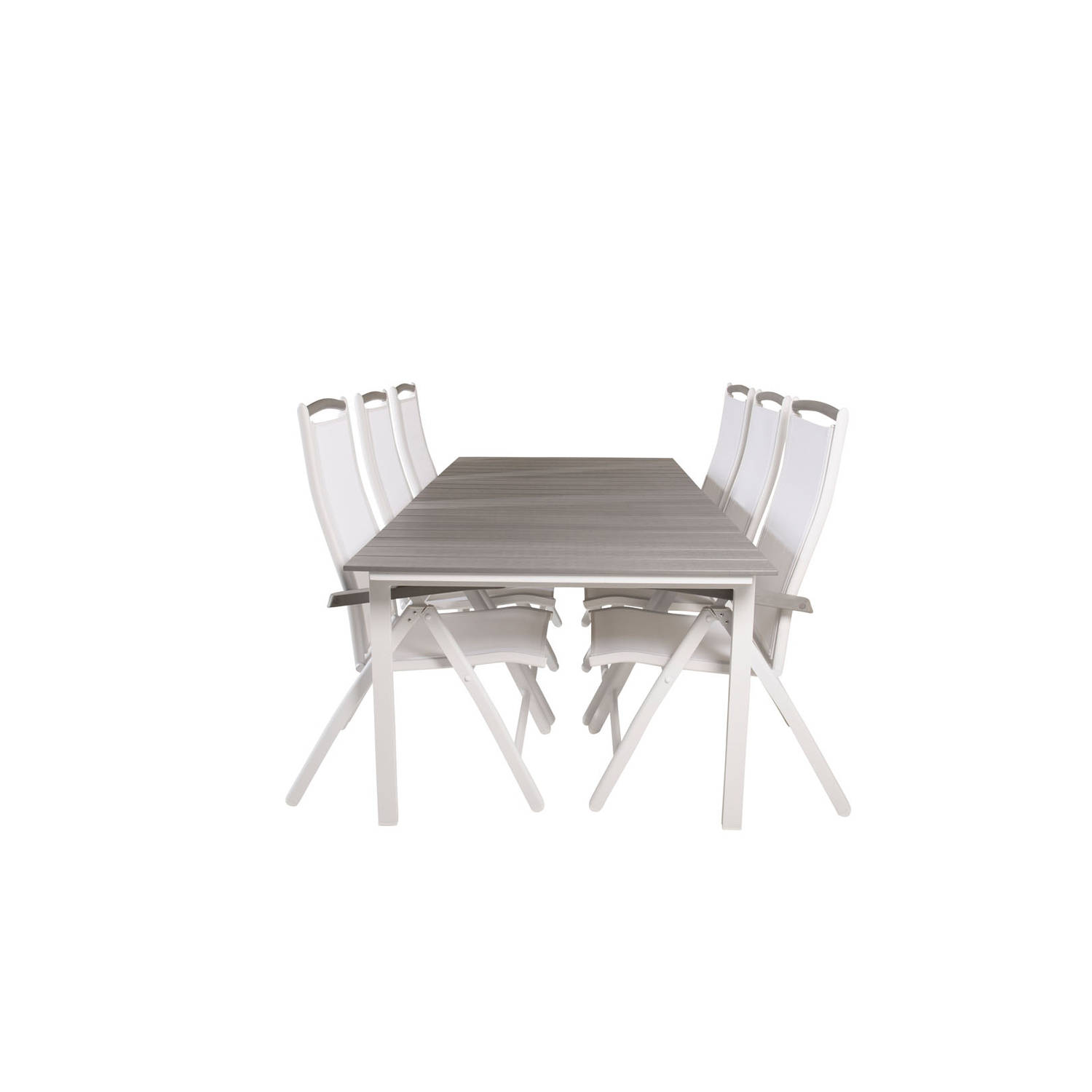 Blokker Tuinsets - Levels tuinmeubelset tafel 100x229/310cm en 6 stoel 5posalu Albany wit, grijs. aanbieding