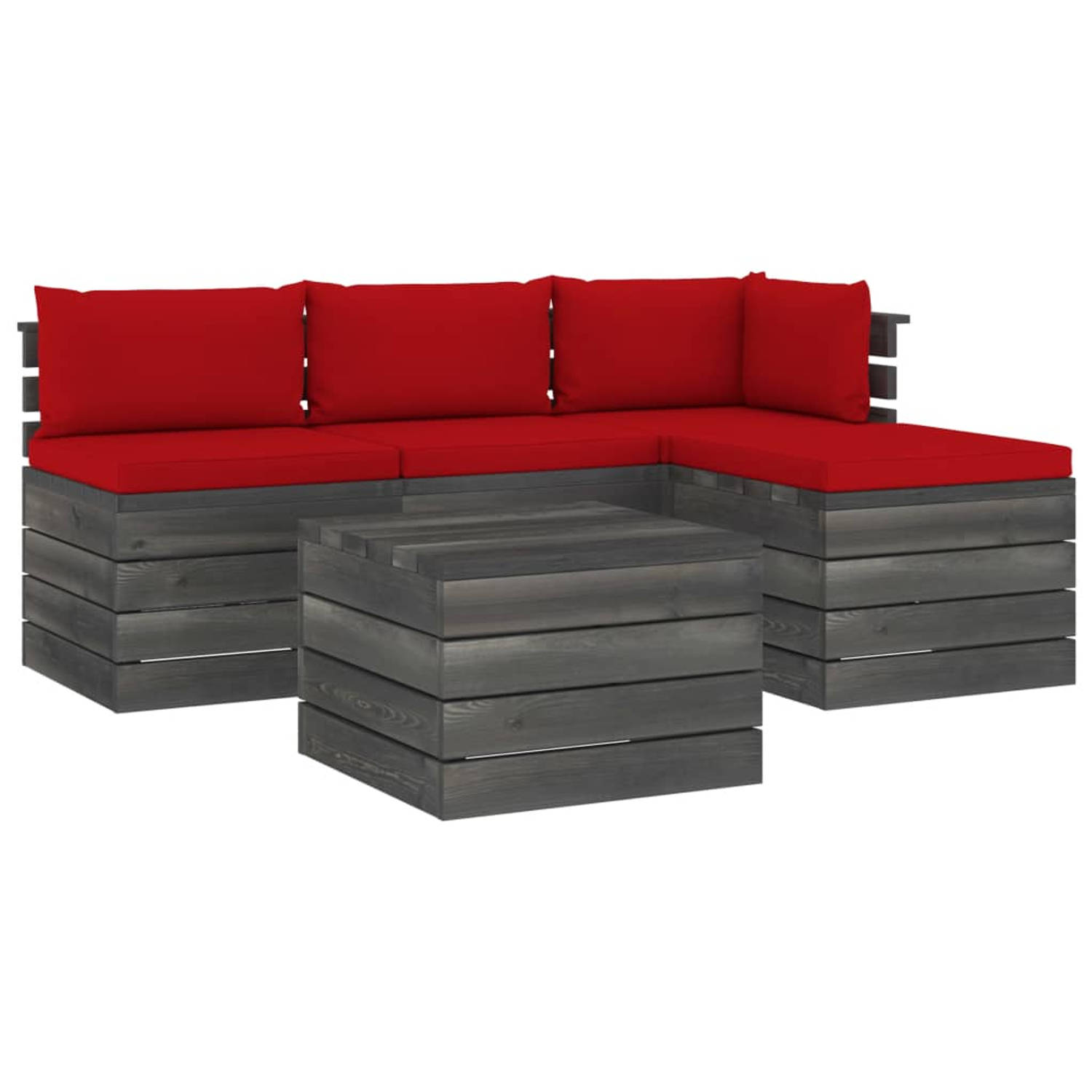 The Living Store Pallet Tuinset - Massief grenenhout - Complete set - Rood kussen - Modulair aanbieding