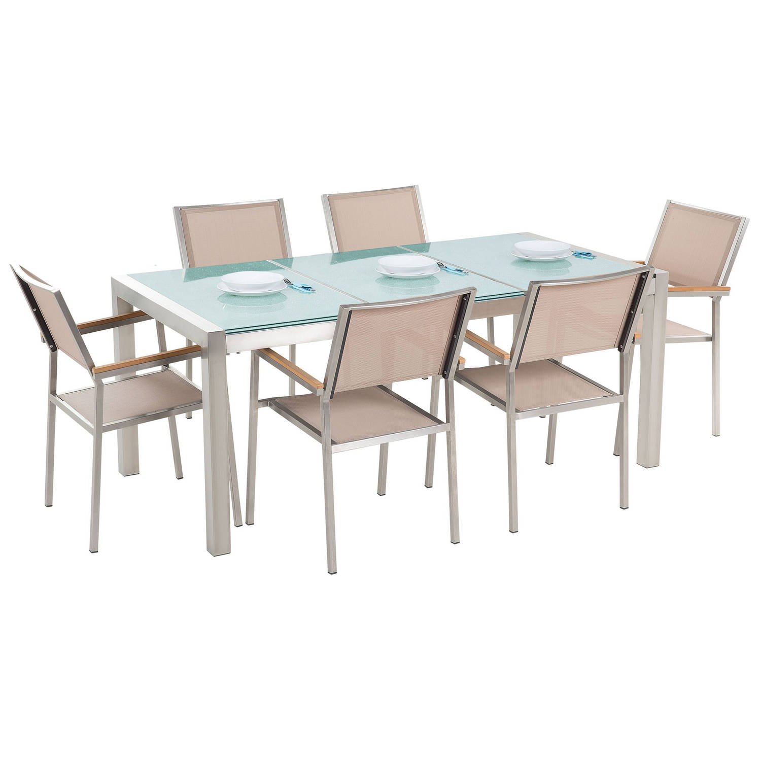 Beliani GROSSETO - Tuintafelset-Beige-Veiligheidsglas, RVS aanbieding