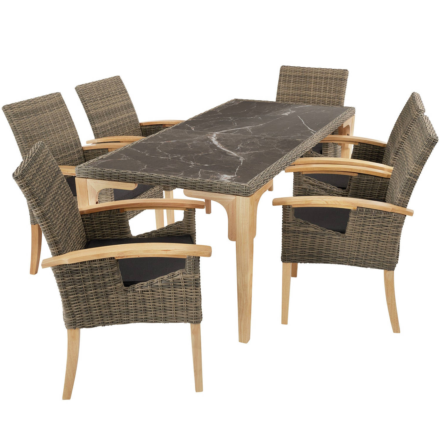 tectake® - Wicker tafel Foggia met 6 stoelen Rosarno - natuur - 404860 aanbieding