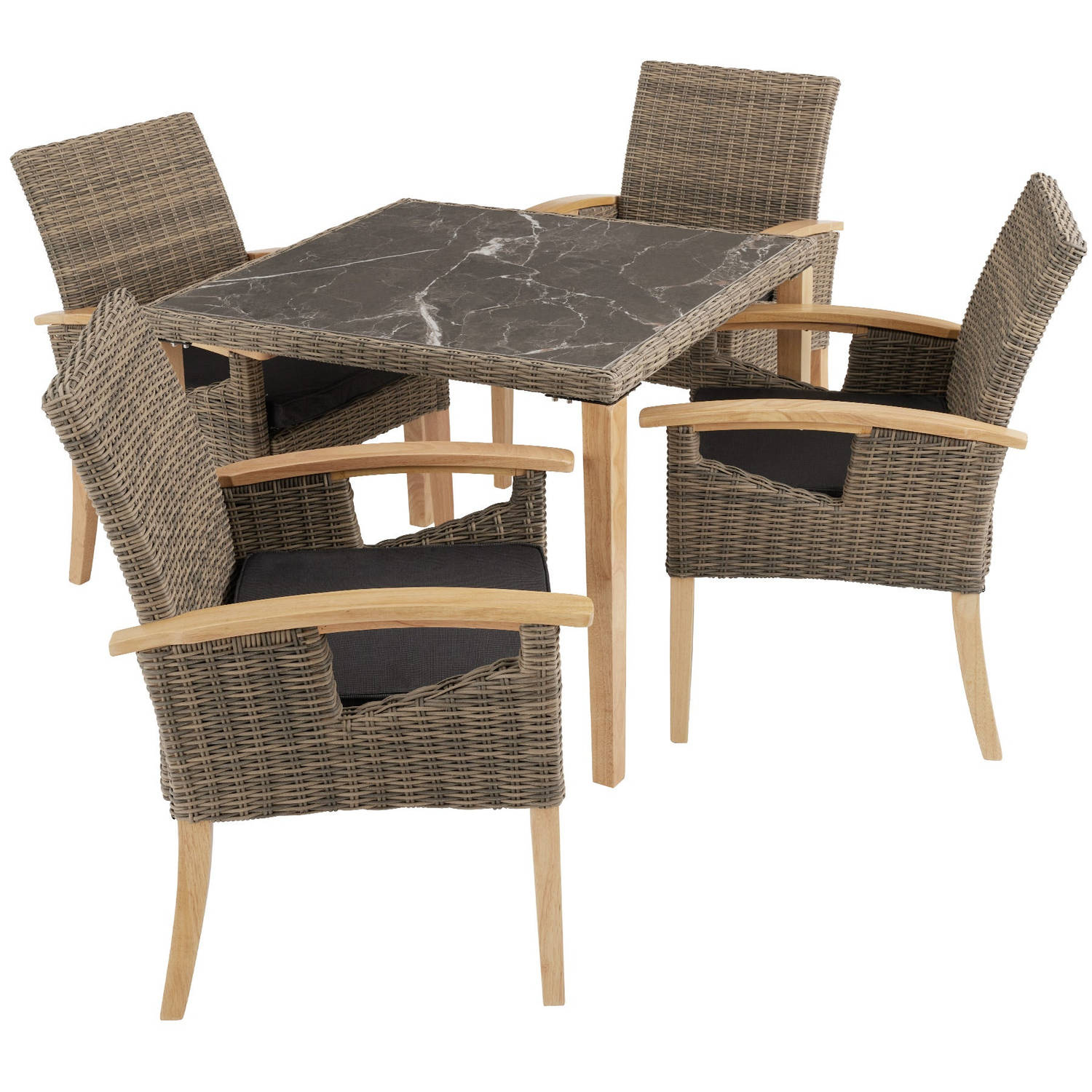 tectake® - Wicker tafel Tarent met 4 stoelen Rosarno - natuur - 404858 aanbieding