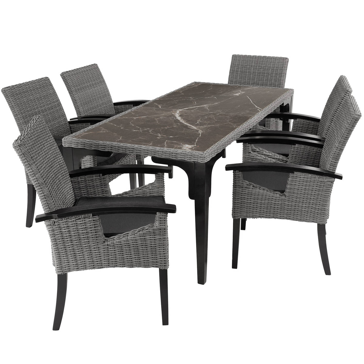 tectake® - Wicker tafel Foggia met 6 stoelen tuinstoelen Rosarno - tuinset - grijs - 404859 aanbieding