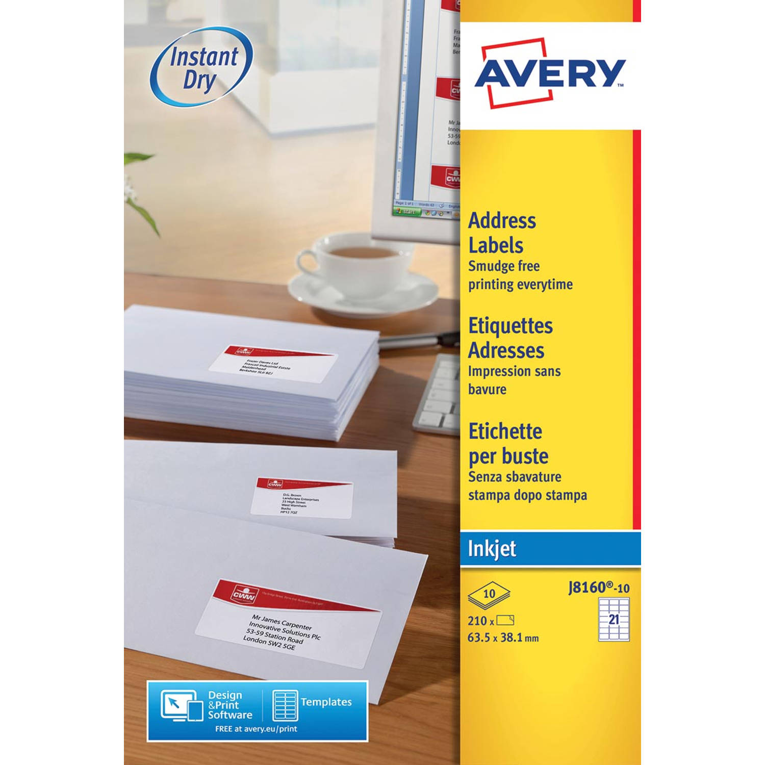 Avery J8160-10 adresetiketten ft 63,5 x 38,1 mm (b x h), 210 etiketten, wit 10 stuks aanbieding