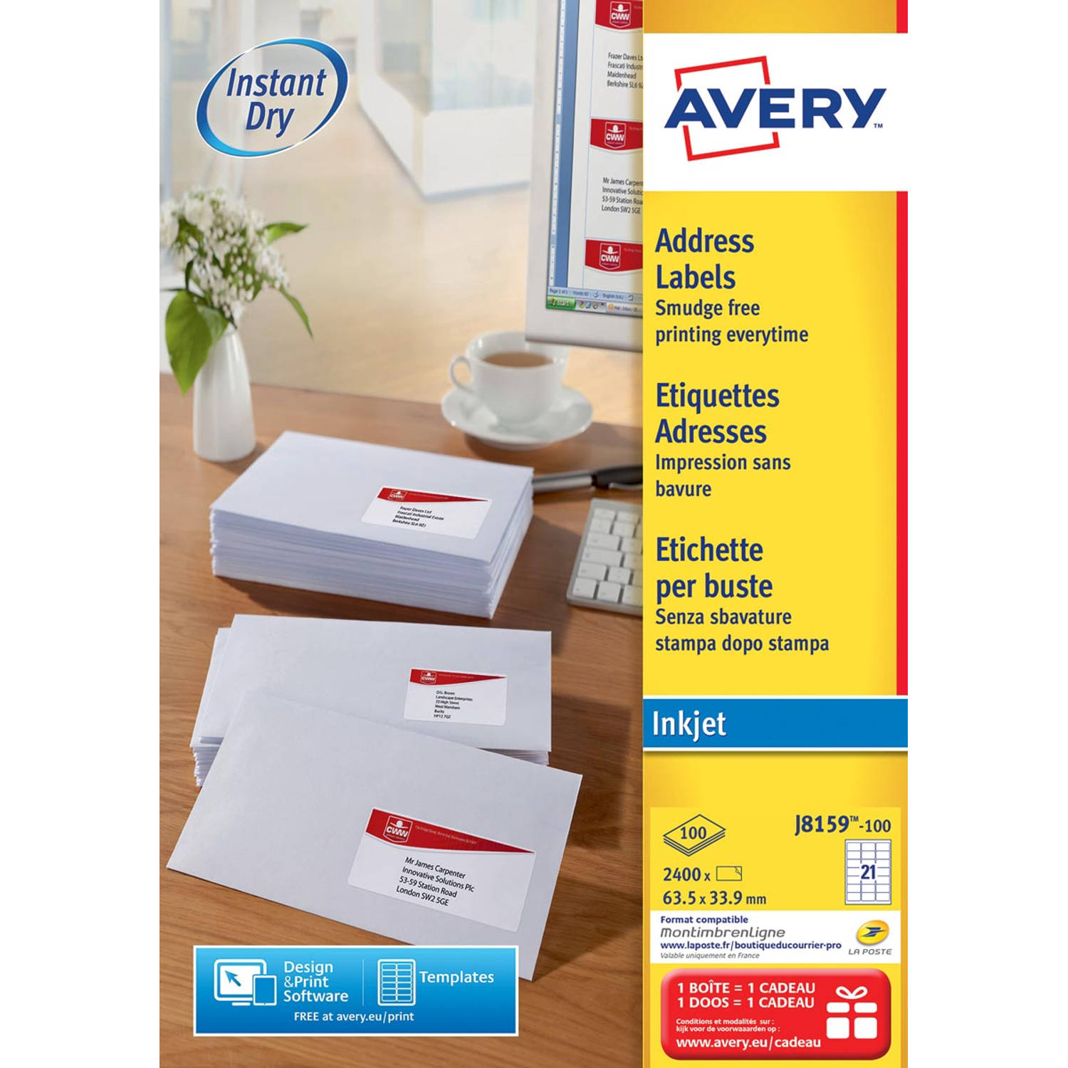 Avery witte etiketten QuickDry ft 63,5 x 33,9 mm (b x h), 2.400 stuks, 24 per blad 5 stuks aanbieding