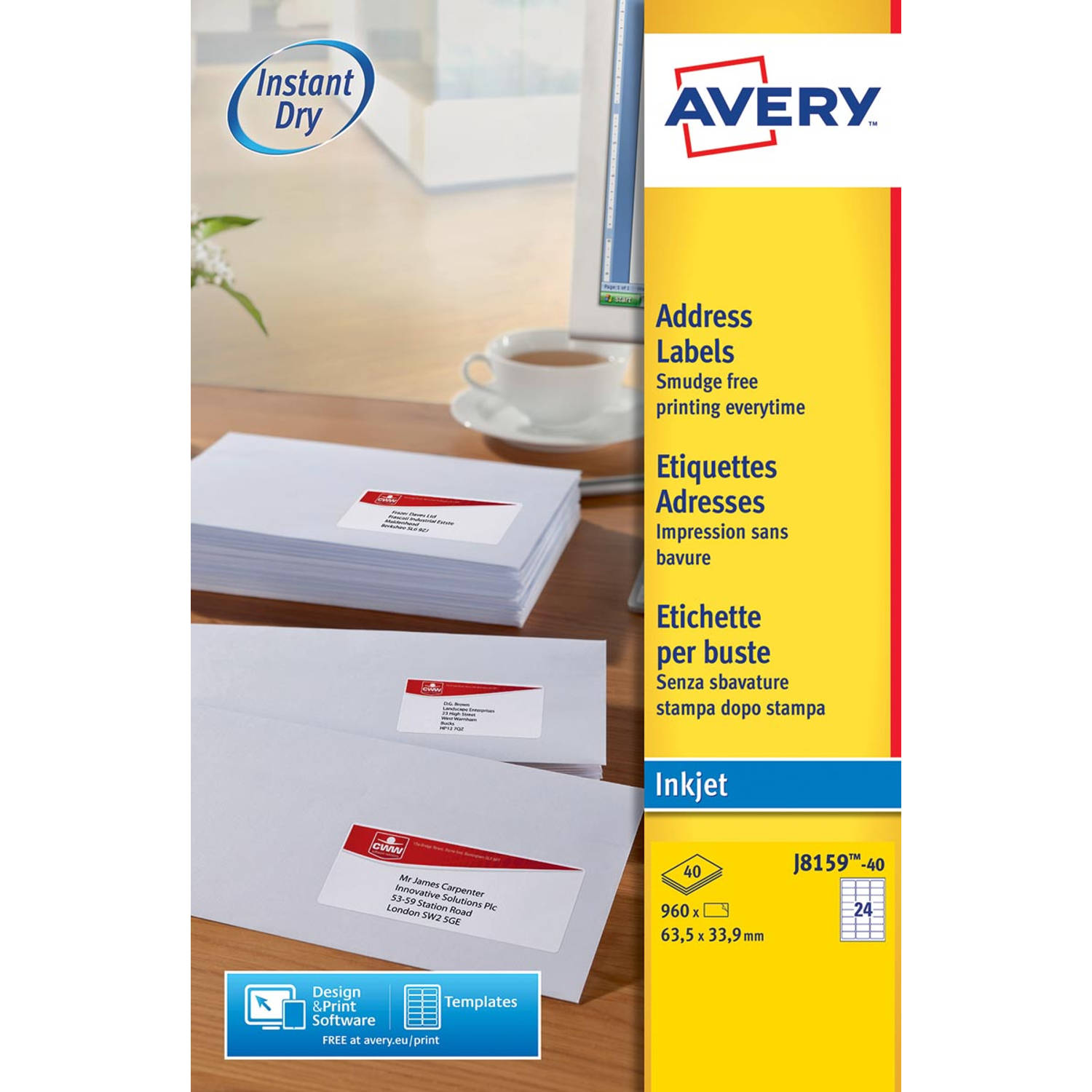 Avery Witte etiketten QuickDry doos van 40 blad, ft 63,5 x 33,9 mm (b x h), 960 stuks, 24 per blad 5 stuks aanbieding