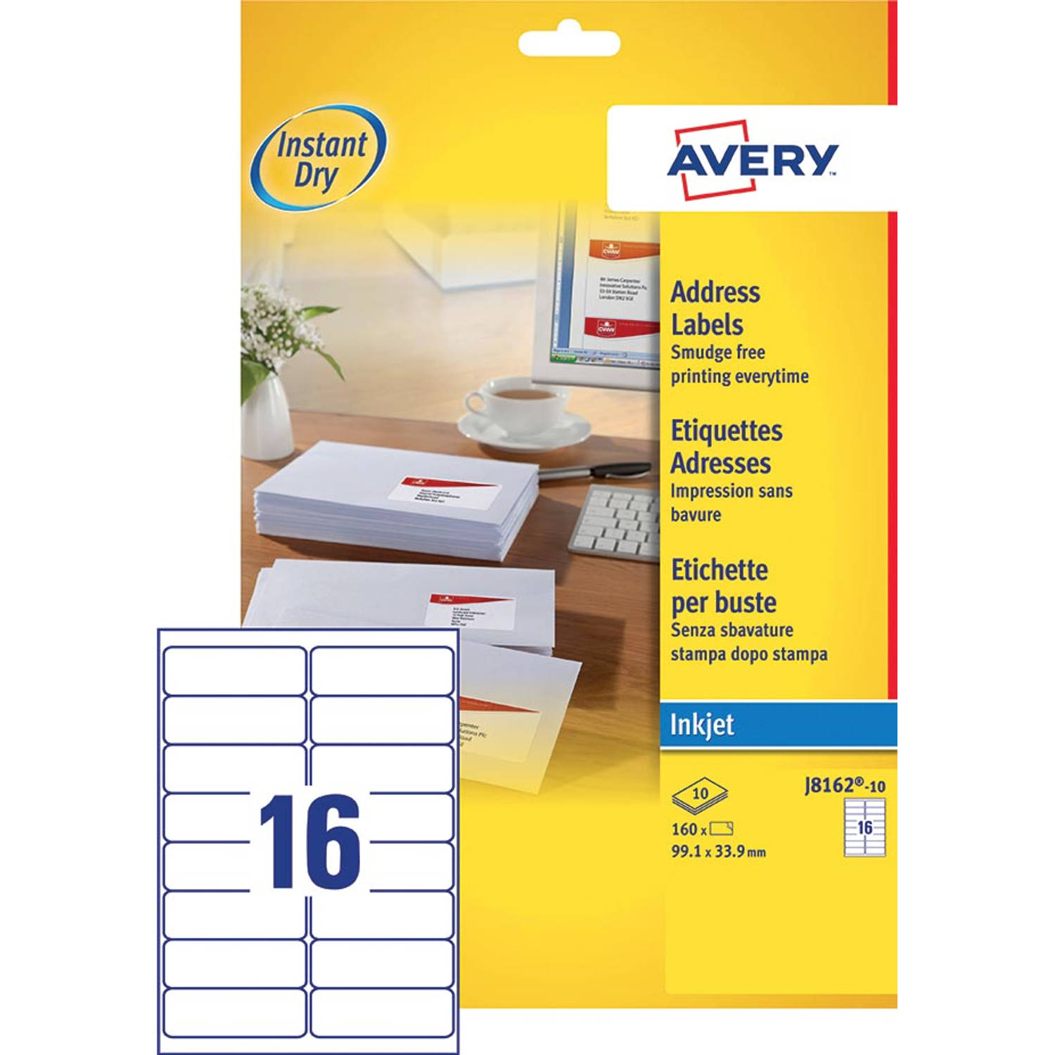 Avery J8162-10 adresetiketten ft 99,1 x 33,9 mm (b x h), 160 etiketten, wit aanbieding