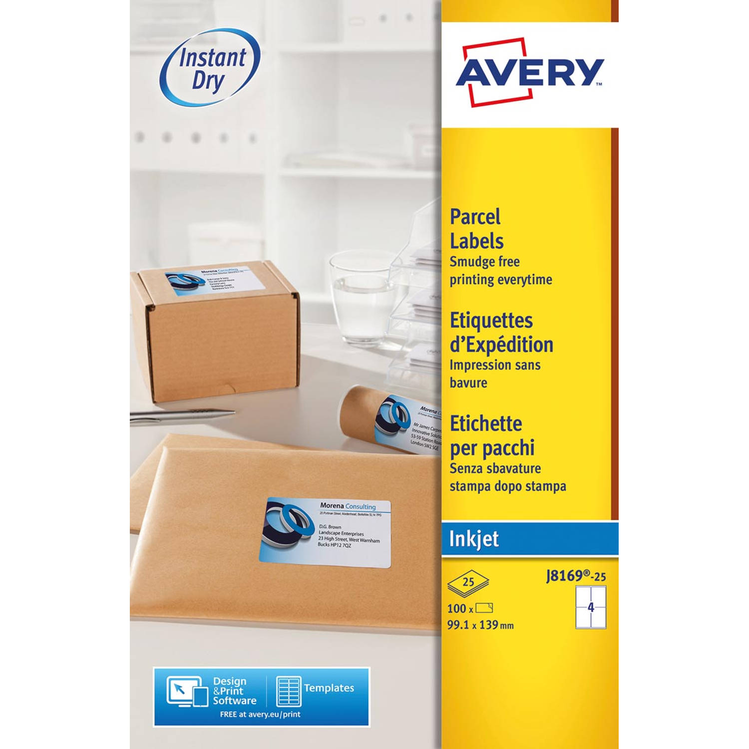 Avery witte etiketten inkjet QuickDry ft 99,1 x 139mm, 100 stuks, doos van 25 vel Met ronde hoeken 5 stuks aanbieding