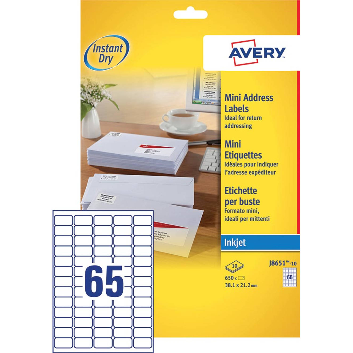 Avery J8651-10 mini etiketten ft 38,1 x 21,2 mm (b x h), 650 etiketten, wit aanbieding