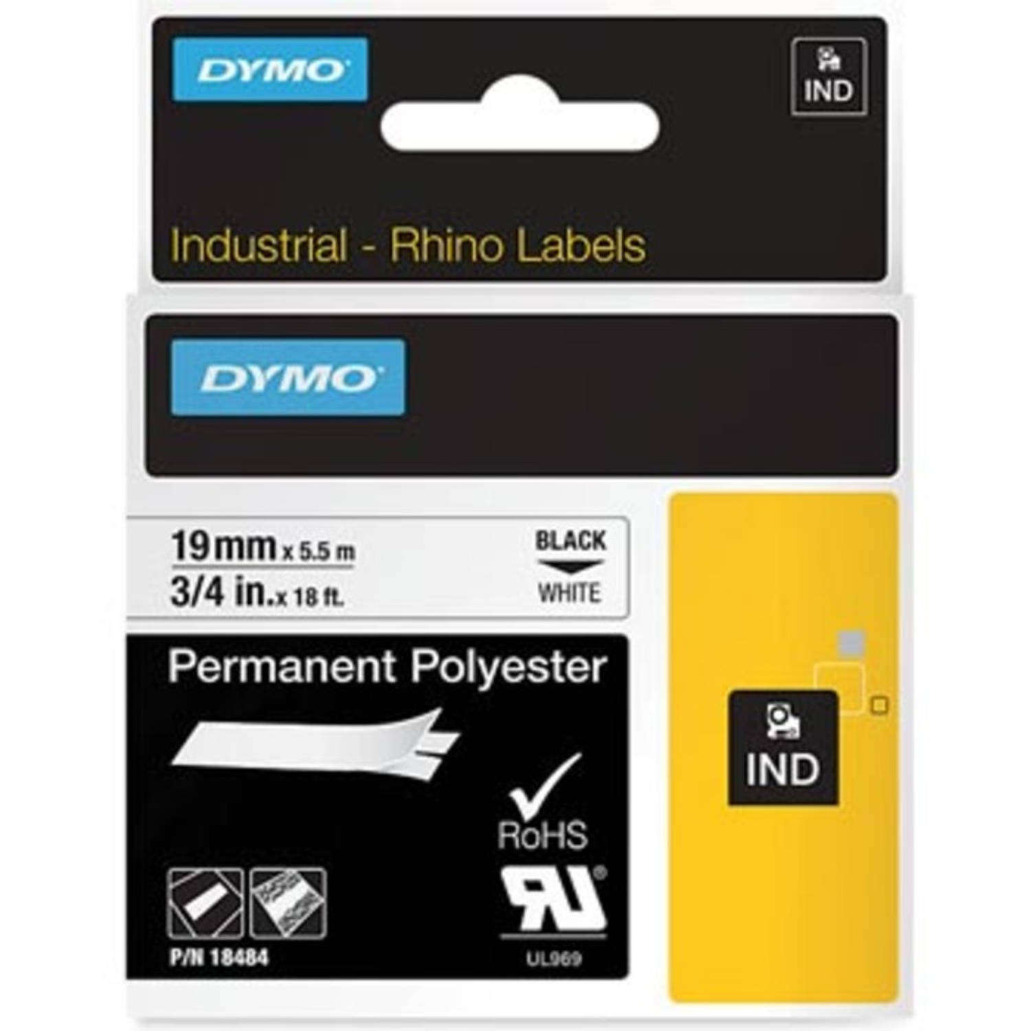 Dymo RHINO permanente polyester tape 19 mm, zwart op wit aanbieding