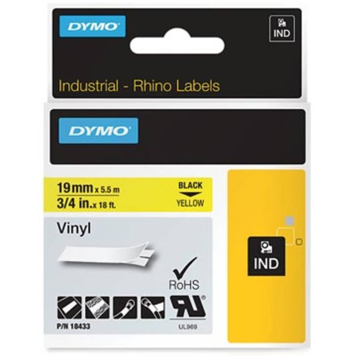 Dymo RHINO vinyltape 19 mm x 5,5 m, zwart op geel aanbieding